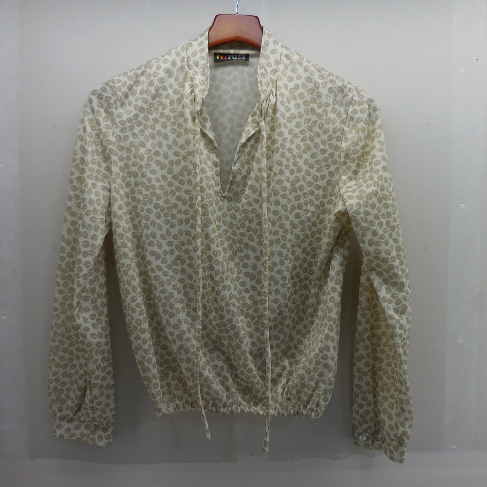 Vintage Russ Togs Tie Neck Blouse Beige Leaf Print Elastic Hem Long Sleeve M